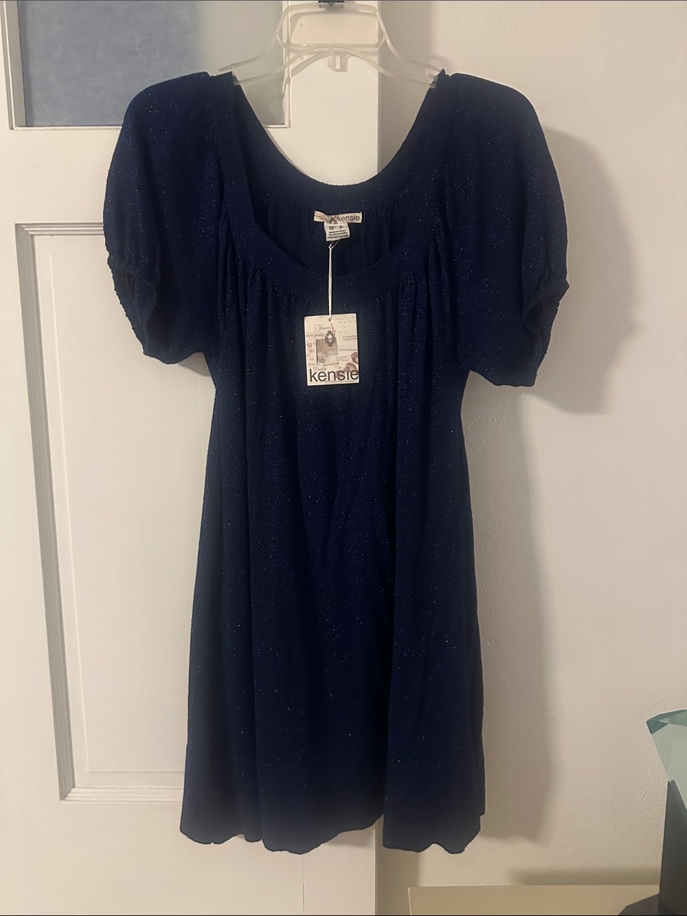 kensie Navy Sparkle Puff-Sleeve Scoop Tunic